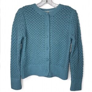 LL Bean Angora Wool Blend Cardigan Blue Textured Knit Button Sweater Womens M